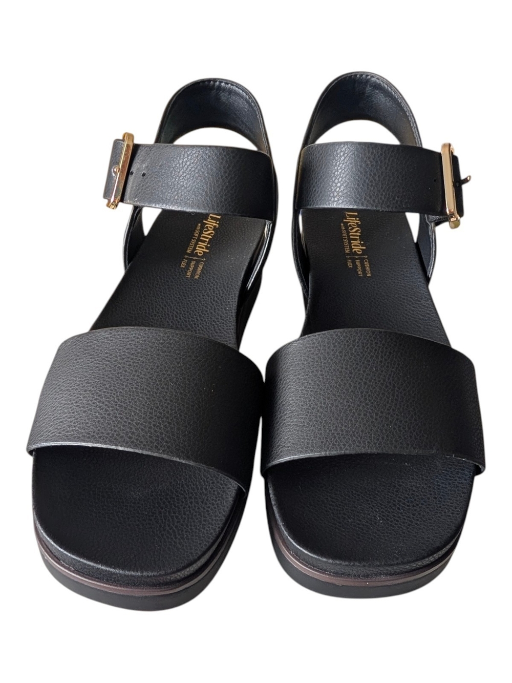 Life Stride Black Platform Sandals with Gold Buckles Size 8M